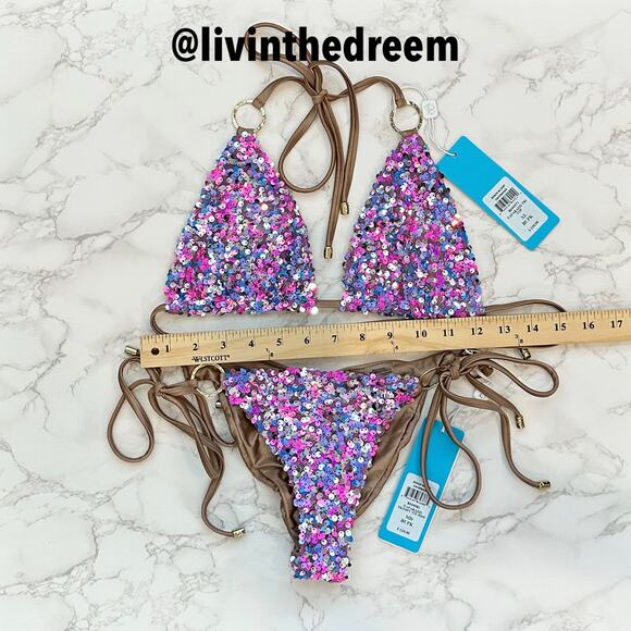 Beach Bunny Paparazzi Triangle Top XL & Tie Side Bottom M- Blue/Pink $270 - Picture 12 of 14